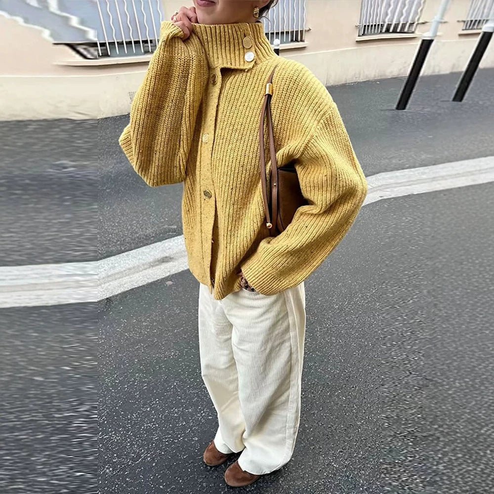 Women Oversize Cardigan with Rib Structure and Stand-Up Collar Chichicherry - Chichicherry