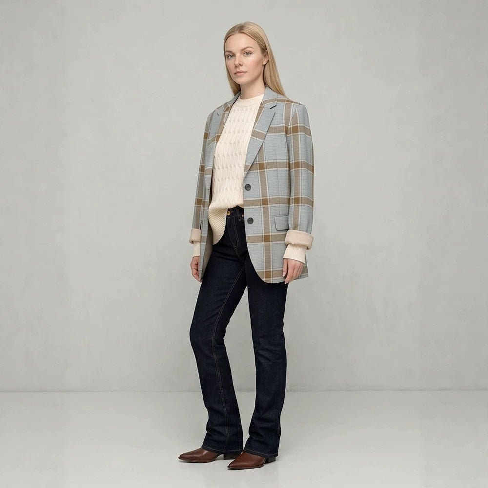 Women Oversize Check Blazer in Glencheck with boxy silhouette and falling lapels Chichicherry - Chichicherry