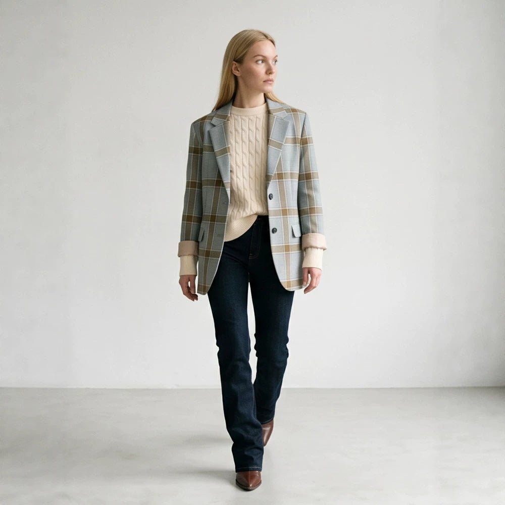 Women Oversize Check Blazer in Glencheck with boxy silhouette and falling lapels Chichicherry - Chichicherry