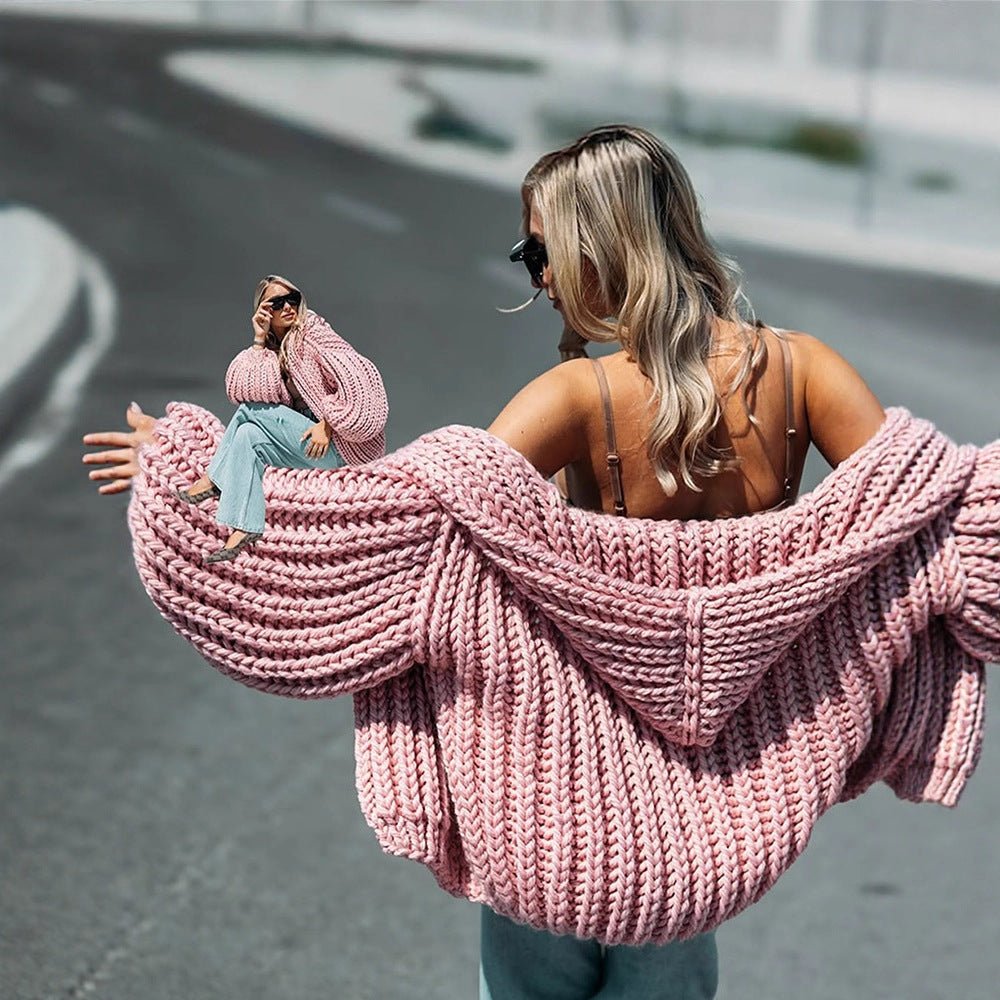Women Oversize Chunky Knit Cardigan with Large Hood & Voluminous Sleeves Chichicherry - Chichicherry