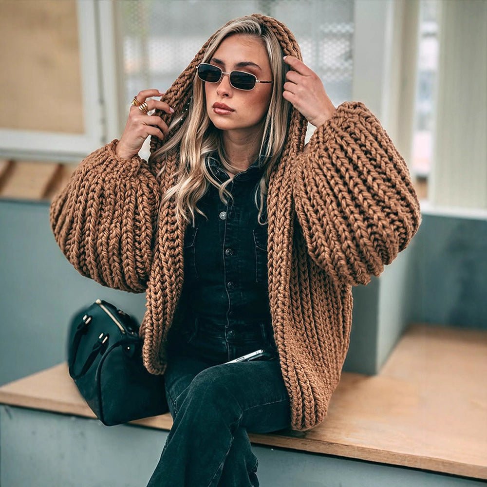 Women Oversize Chunky Knit Cardigan with Large Hood & Voluminous Sleeves Chichicherry - Chichicherry
