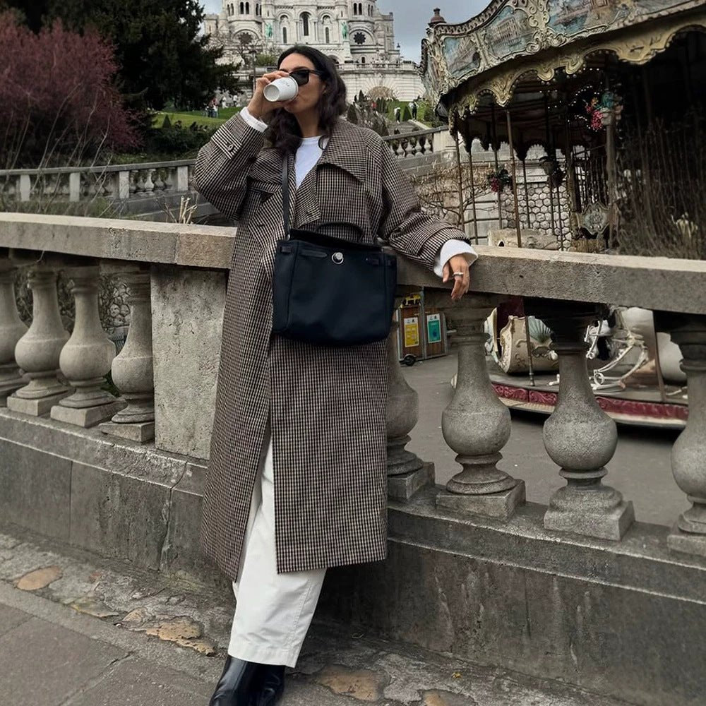 Women Oversize Coat in Glencheck with Wide Lapels and Dropped Shoulder Chichicherry - Chichicherry