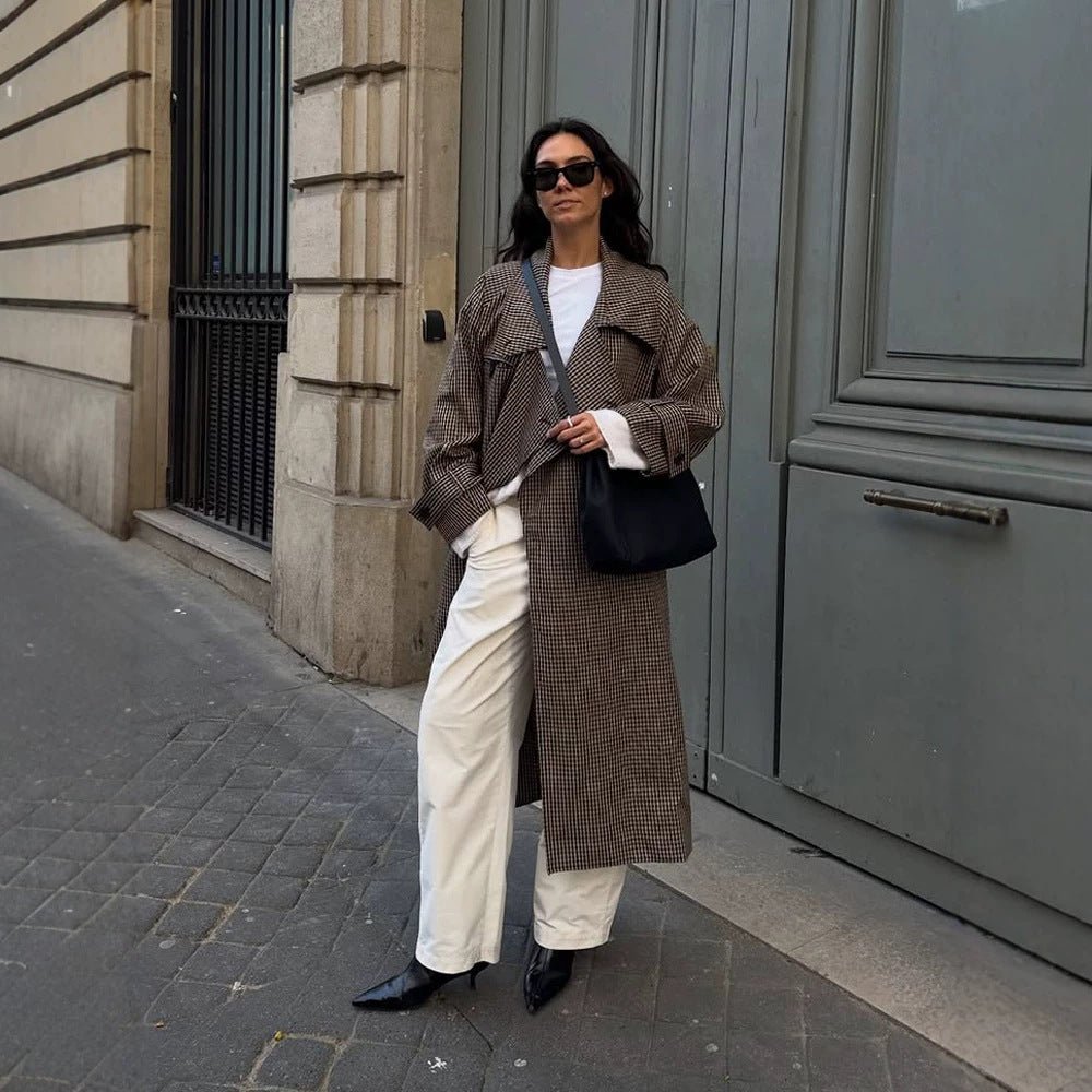Women Oversize Coat in Glencheck with Wide Lapels and Dropped Shoulder Chichicherry - Chichicherry