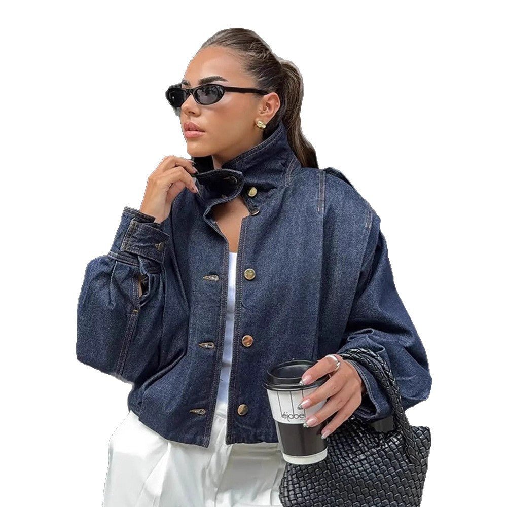 Women Oversize Denim Jacket with High Stand-Up Collar, Snap Button Placket and Shoulder Detail Chichicherry - Chichicherry