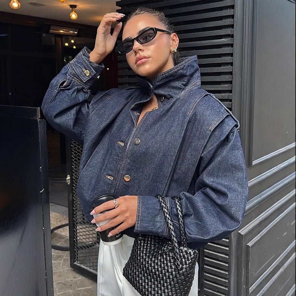 Women Oversize Denim Jacket with High Stand-Up Collar, Snap Button Placket and Shoulder Detail Chichicherry - Chichicherry