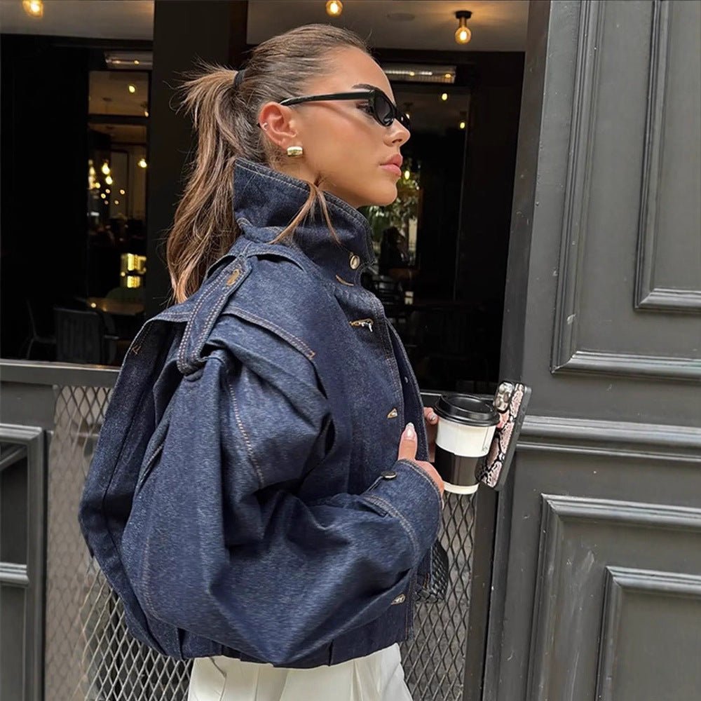 Women Oversize Denim Jacket with High Stand-Up Collar, Snap Button Placket and Shoulder Detail Chichicherry - Chichicherry