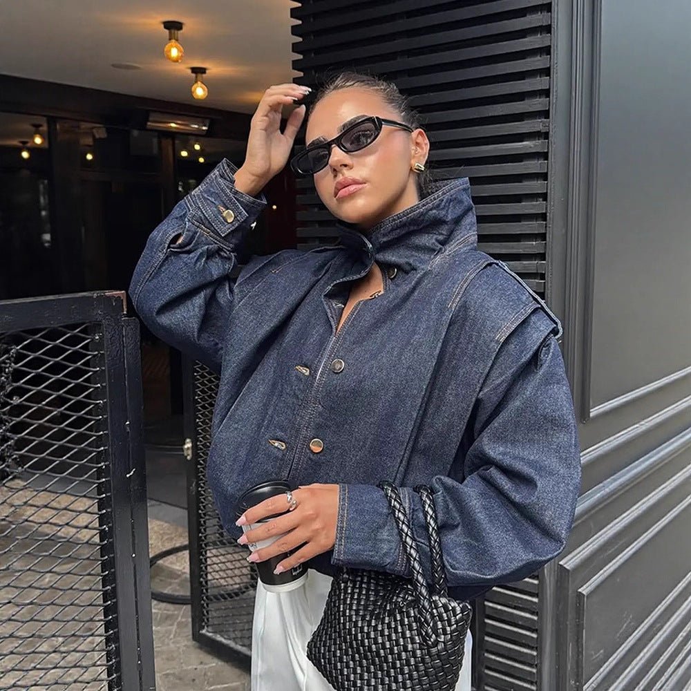 Women Oversize Denim Jacket with High Stand-Up Collar, Snap Button Placket and Shoulder Detail Chichicherry - Chichicherry