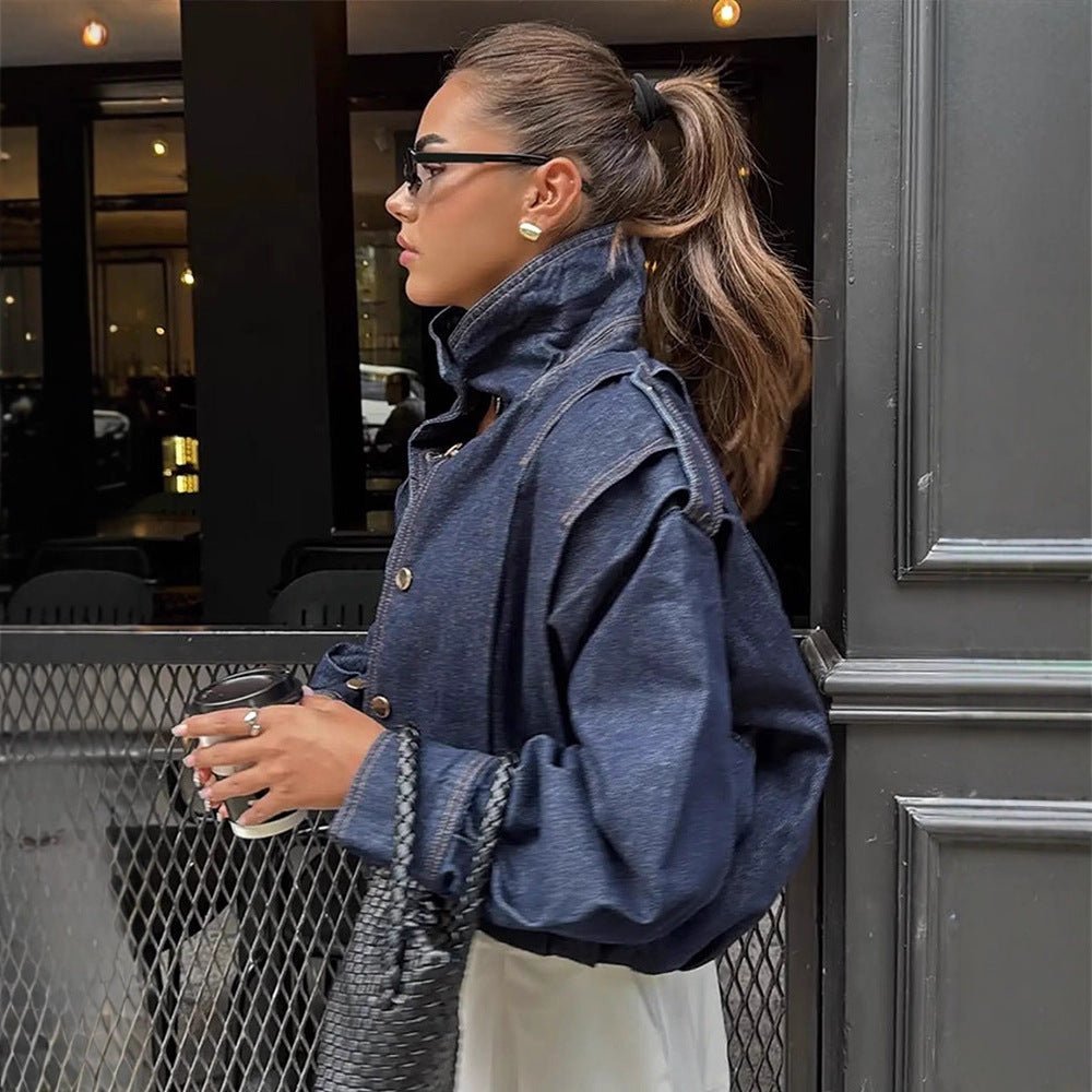 Women Oversize Denim Jacket with High Stand-Up Collar, Snap Button Placket and Shoulder Detail Chichicherry - Chichicherry