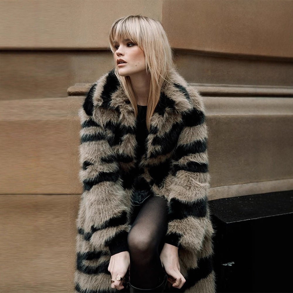 Women Oversize Faux Fur Coat with Striped Maxi Cut Chichicherry - Chichicherry
