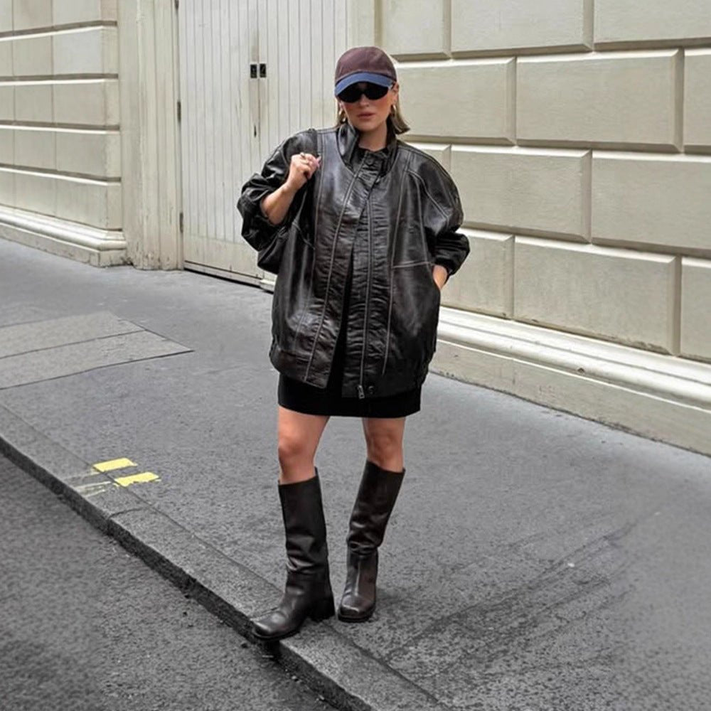 Women Oversize Faux Leather Coat with Distinct Decorative Seams and Stand-Up Collar Chichicherry - Chichicherry