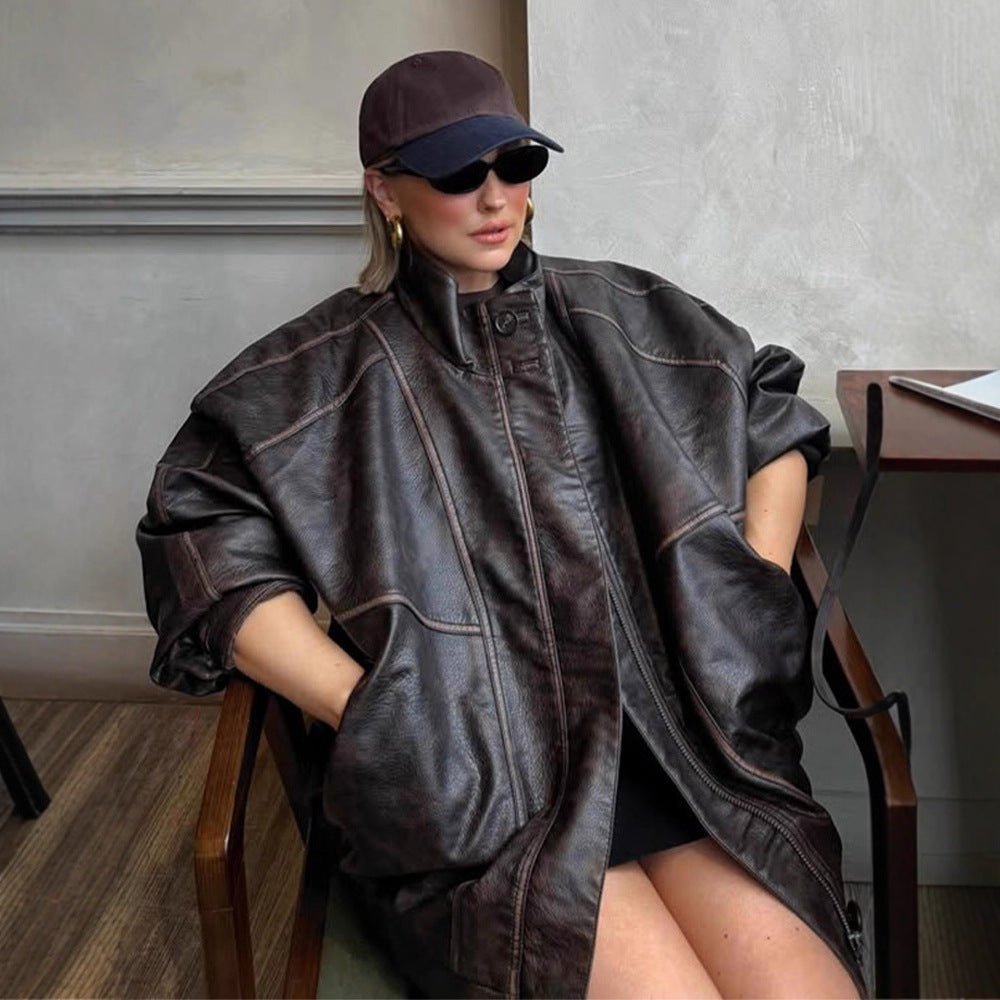 Women Oversize Faux Leather Coat with Distinct Decorative Seams and Stand-Up Collar Chichicherry - Chichicherry