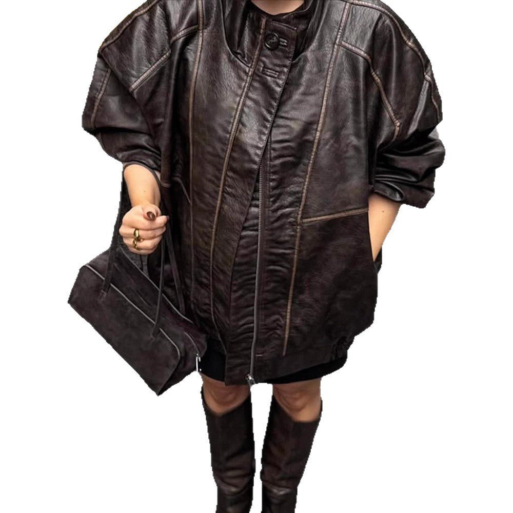 Women Oversize Faux Leather Coat with Distinct Decorative Seams and Stand-Up Collar Chichicherry - Chichicherry