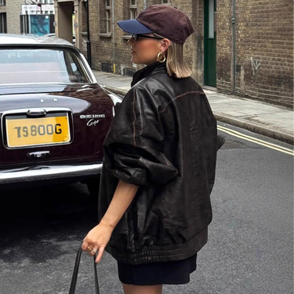 Women Oversize Faux Leather Coat with Distinct Decorative Seams and Stand-Up Collar Chichicherry - Chichicherry