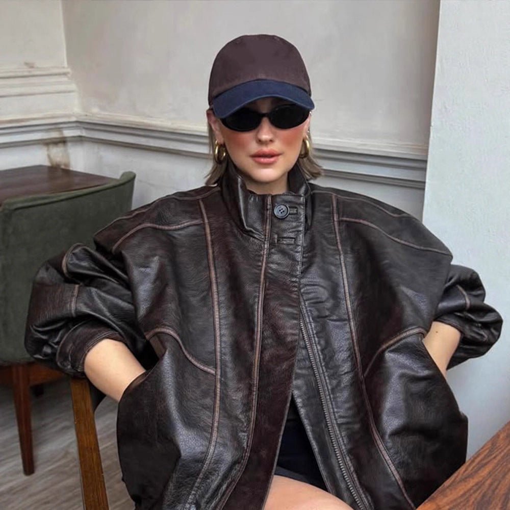 Women Oversize Faux Leather Coat with Distinct Decorative Seams and Stand-Up Collar Chichicherry - Chichicherry