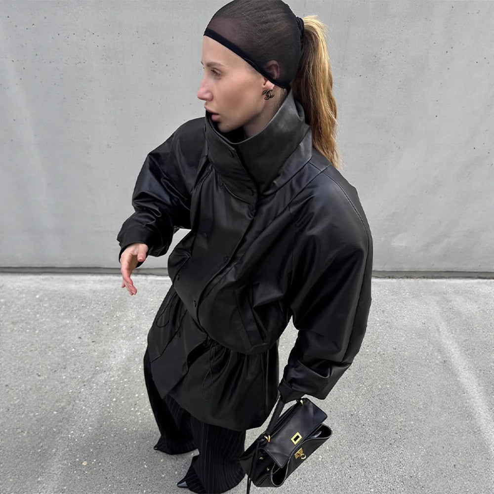 Women Oversize Faux Leather Parka with High Stand Collar and Adjustable Drawstring Chichicherry - Chichicherry