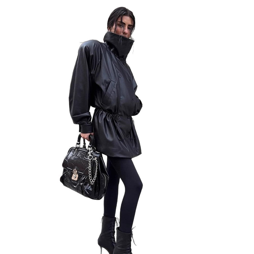Women Oversize Faux Leather Parka with High Stand Collar and Adjustable Drawstring Chichicherry - Chichicherry