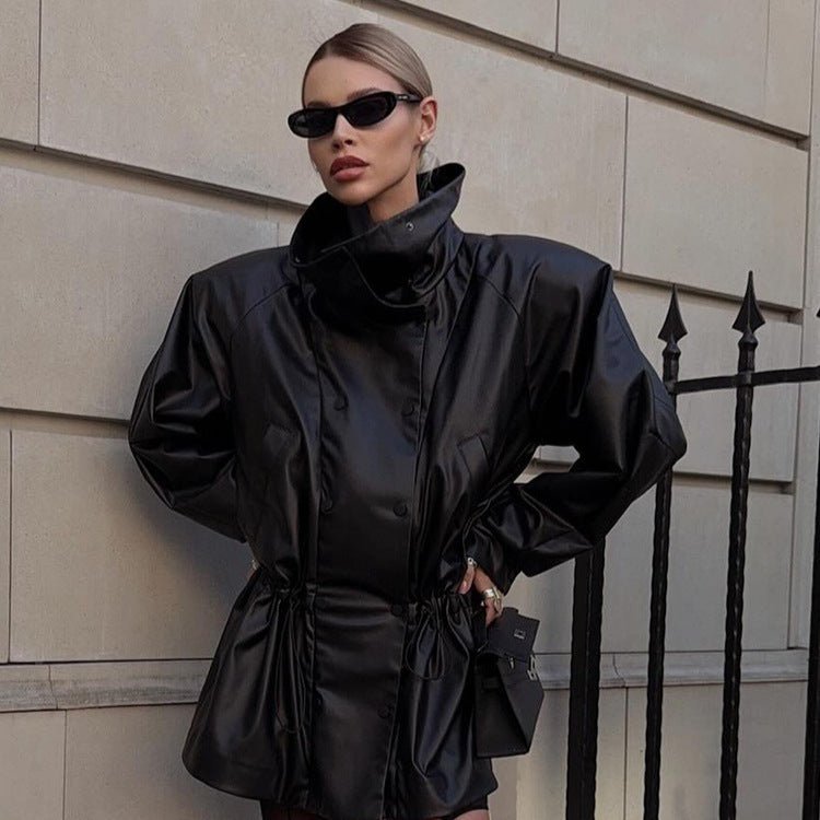 Women Oversize Faux Leather Parka with High Stand Collar and Adjustable Drawstring Chichicherry - Chichicherry