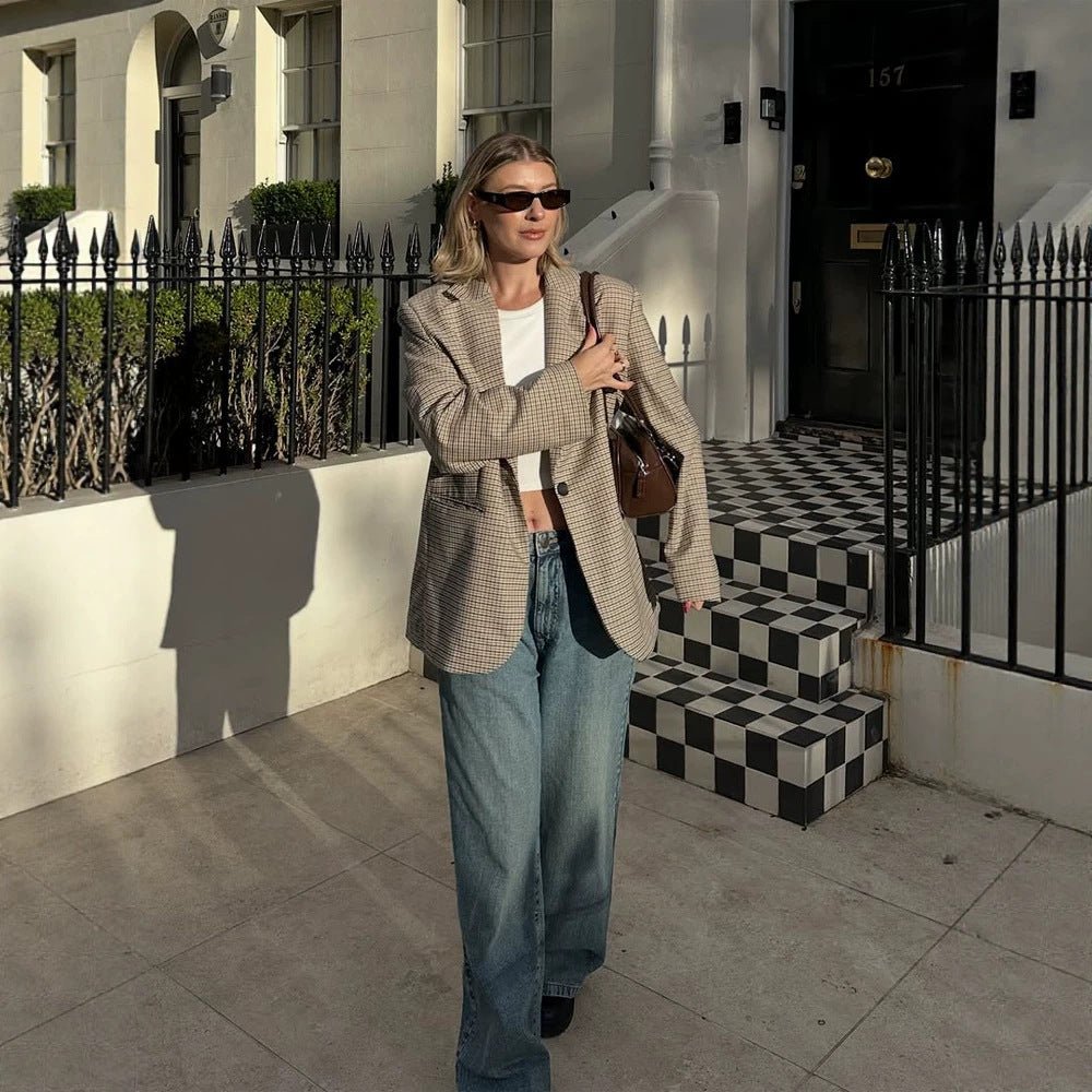 Women Oversize Glencheck Blazer with boxy silhouette and patch pockets Chichicherry - Chichicherry