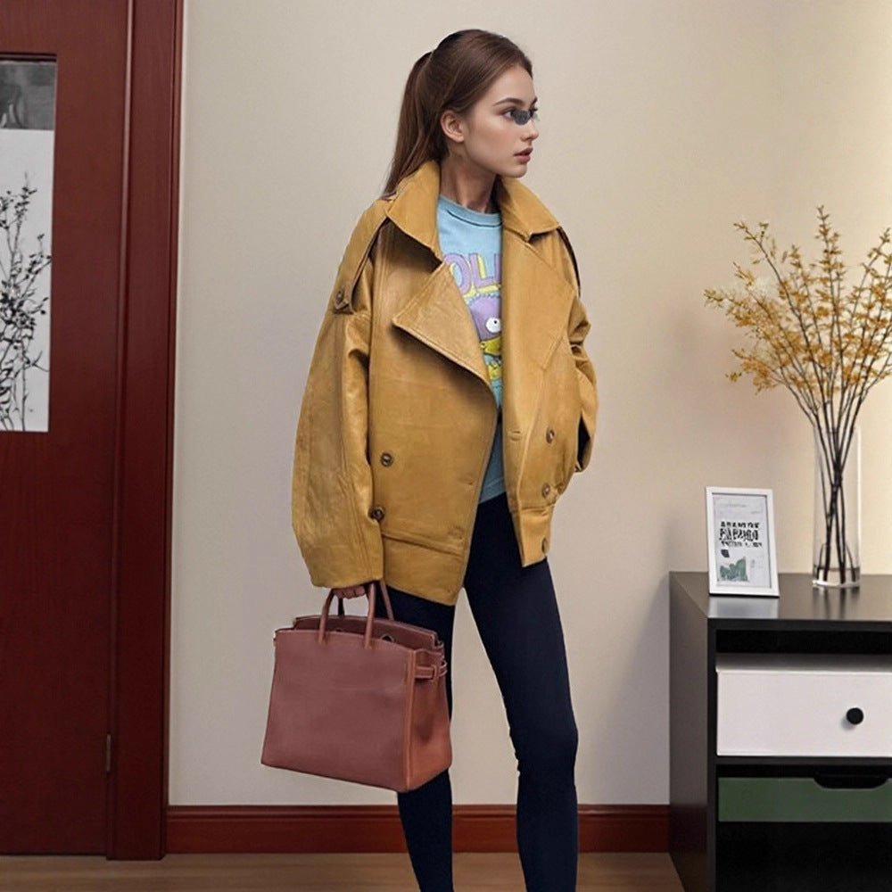 Women Oversize Leather Jacket with Voluminous Balloon Sleeves and Short Boxy Silhouette Chichicherry - Chichicherry