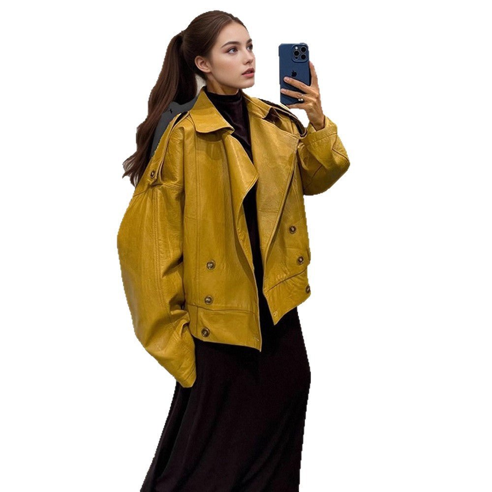 Women Oversize Leather Jacket with Voluminous Balloon Sleeves and Short Boxy Silhouette Chichicherry - Chichicherry