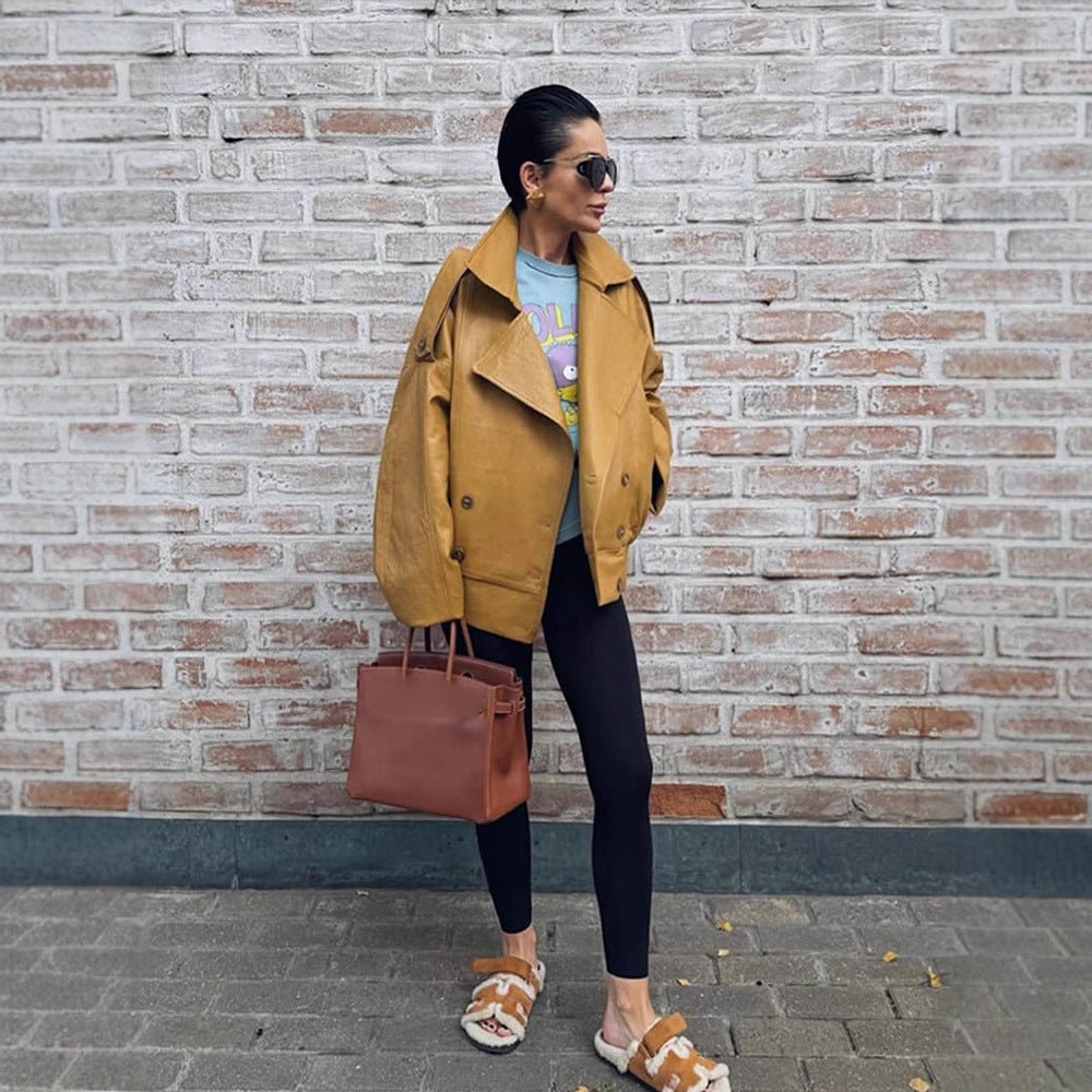 Women Oversize Leather Jacket with Voluminous Balloon Sleeves and Short Boxy Silhouette Chichicherry - Chichicherry