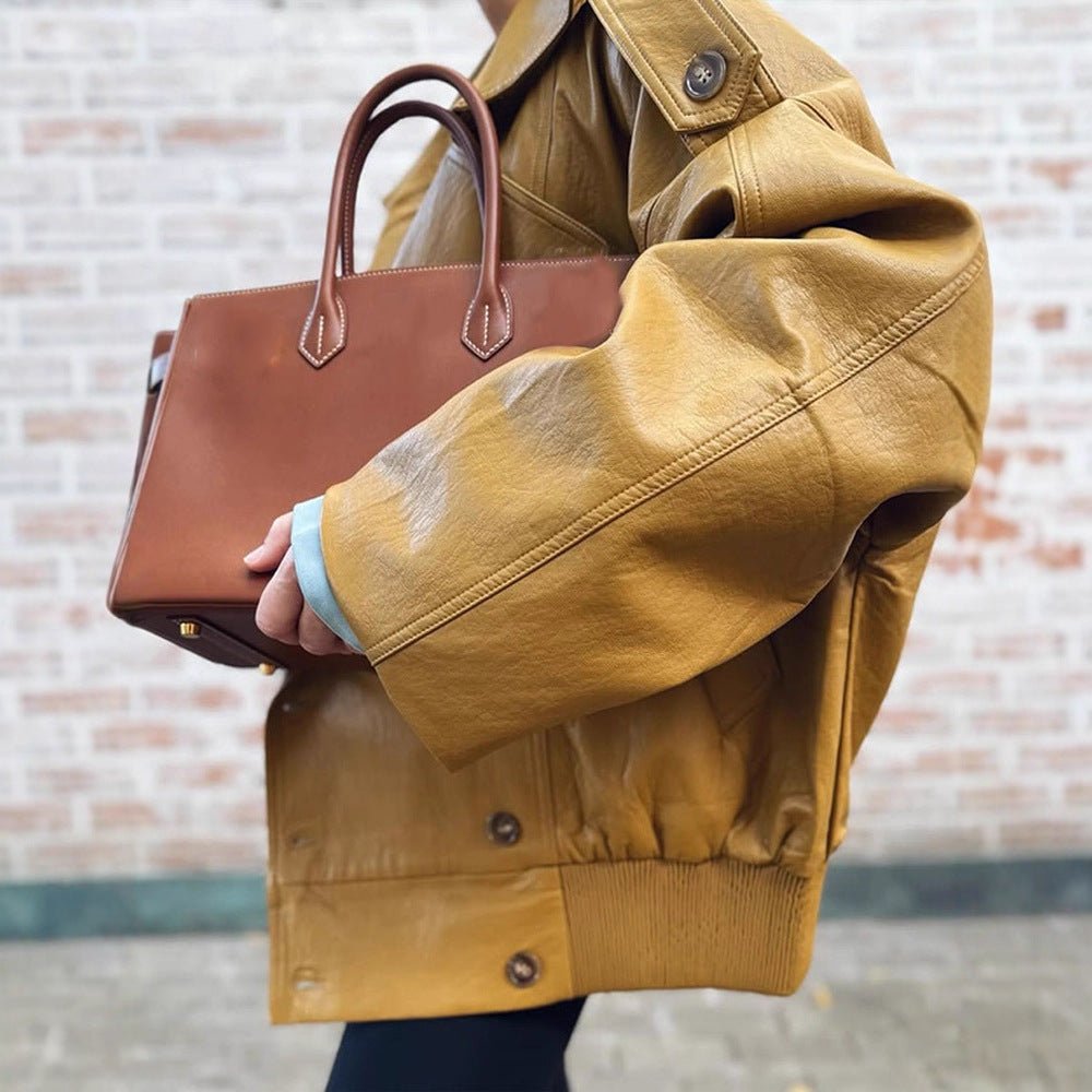 Women Oversize Leather Jacket with Voluminous Balloon Sleeves and Short Boxy Silhouette Chichicherry - Chichicherry