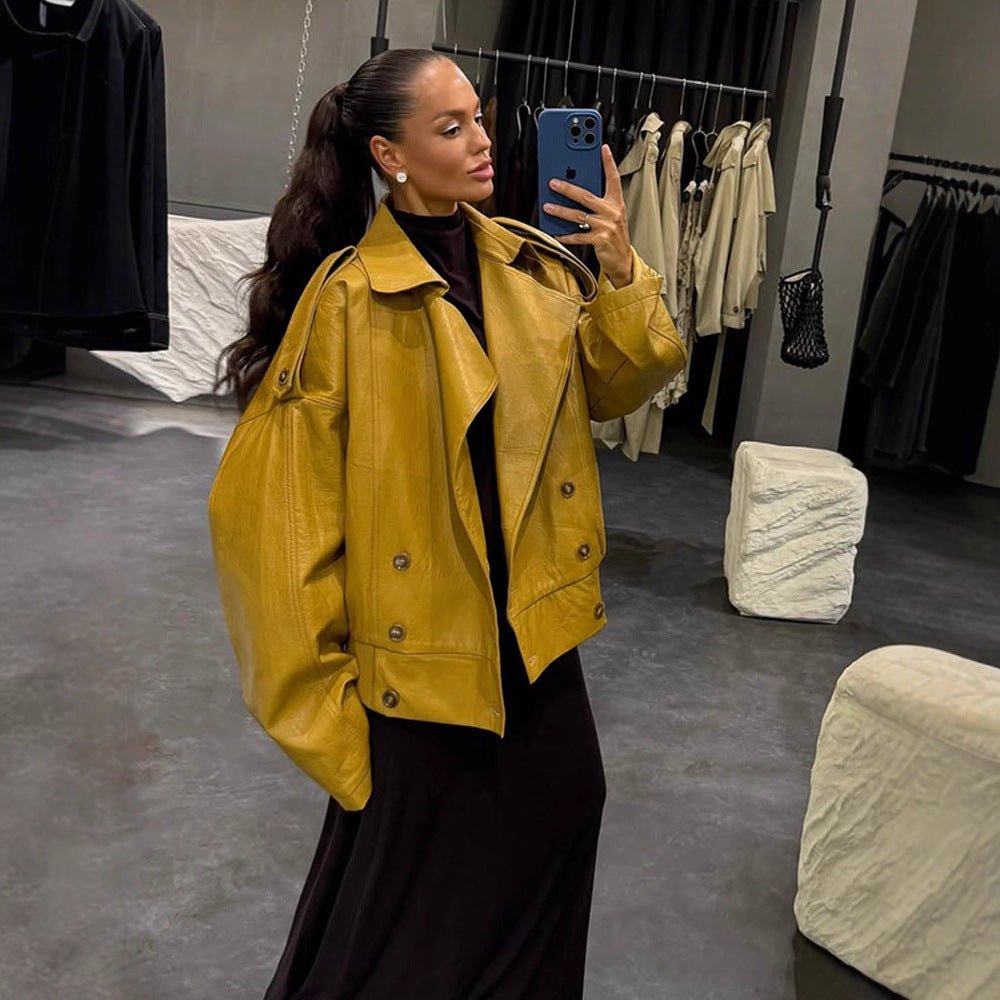 Women Oversize Leather Jacket with Voluminous Balloon Sleeves and Short Boxy Silhouette Chichicherry - Chichicherry