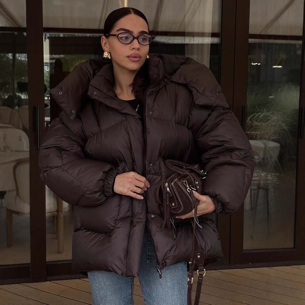 Women Oversize Quilted Jacket with High Shawl Collar and Padded Filling Chichicherry - Chichicherry