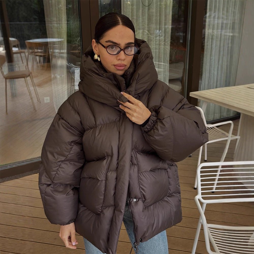 Women Oversize Quilted Jacket with High Shawl Collar and Padded Filling Chichicherry - Chichicherry