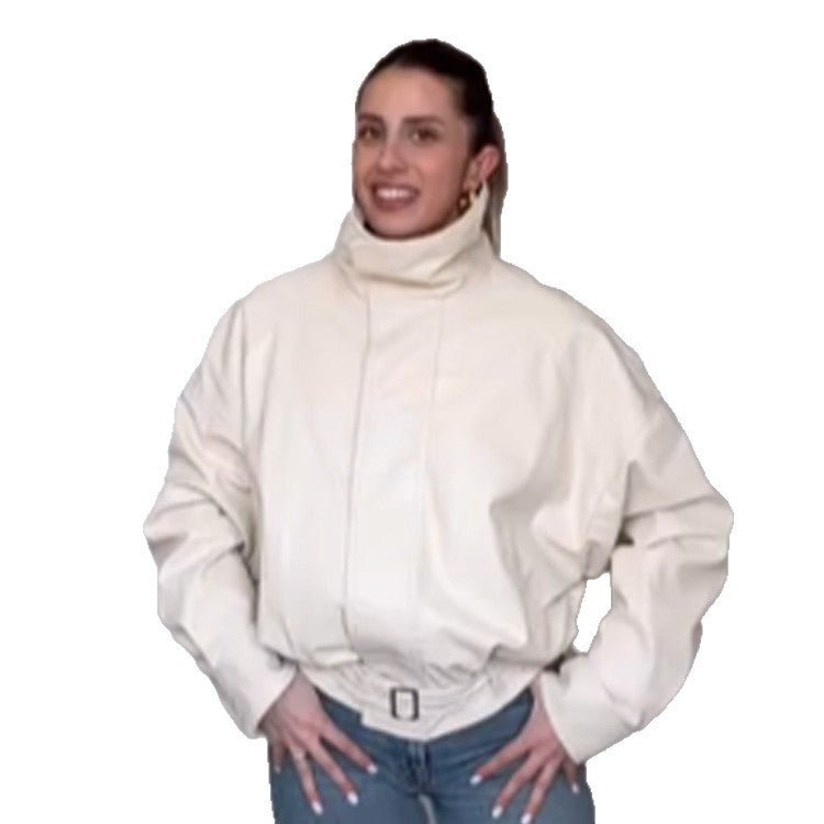 Women Oversize Short Jacket with High Standing Collar, Padded Silhouette and Adjustable Belt Chichicherry - Chichicherry