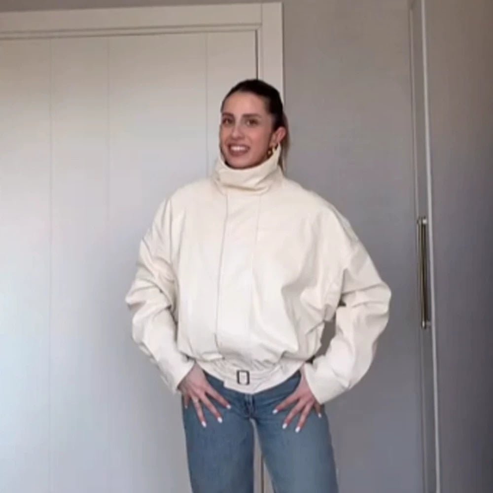 Women Oversize Short Jacket with High Standing Collar, Padded Silhouette and Adjustable Belt Chichicherry - Chichicherry