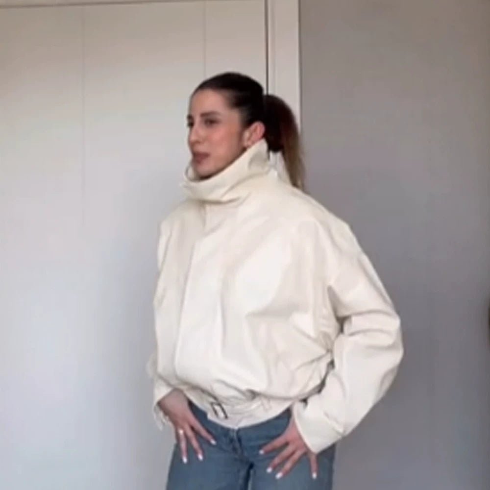 Women Oversize Short Jacket with High Standing Collar, Padded Silhouette and Adjustable Belt Chichicherry - Chichicherry