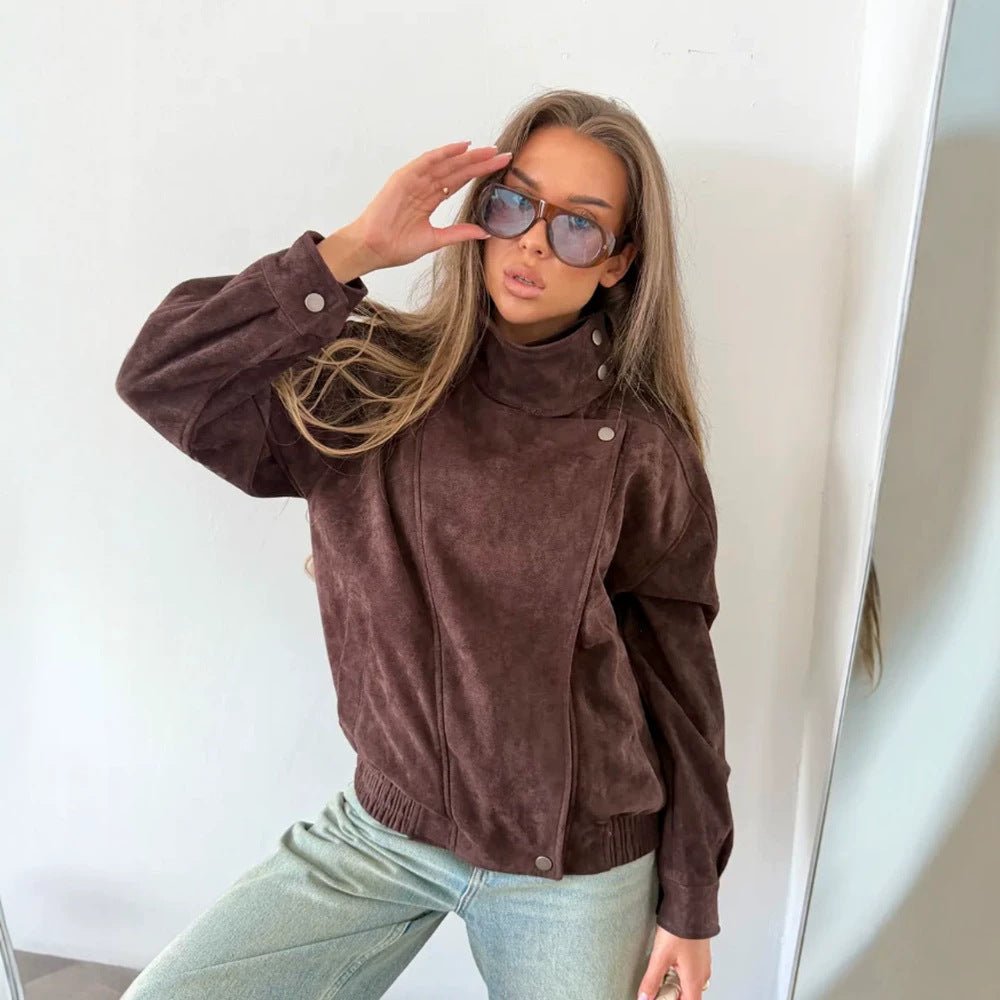 Women Oversize Suede-Look Biker Jacket with High Standing Collar Chichicherry - Chichicherry