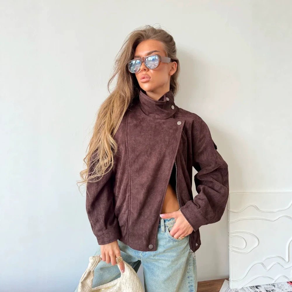 Women Oversize Suede-Look Biker Jacket with High Standing Collar Chichicherry - Chichicherry