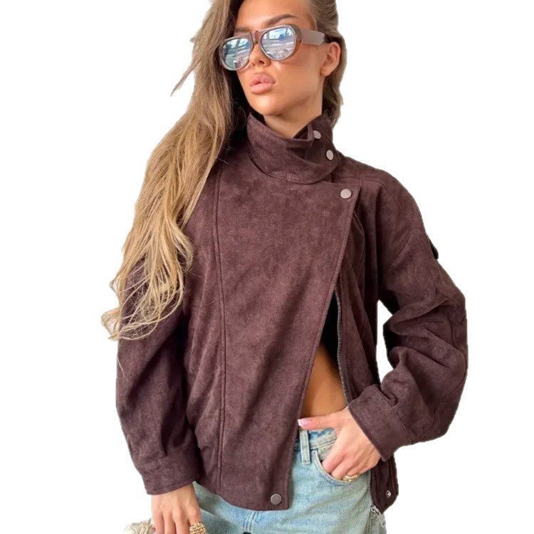 Women Oversize Suede-Look Biker Jacket with High Standing Collar Chichicherry - Chichicherry