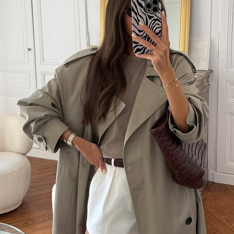 Women Oversize Trench Coat made of lightweight Gabardine with shoulder flaps and waterfall collar Chichicherry - Chichicherry