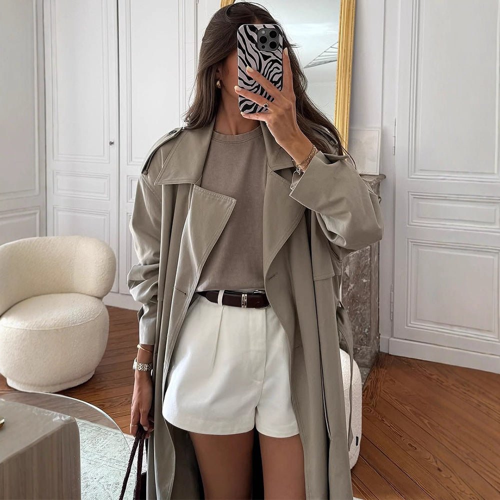 Women Oversize Trench Coat made of lightweight Gabardine with shoulder flaps and waterfall collar Chichicherry - Chichicherry