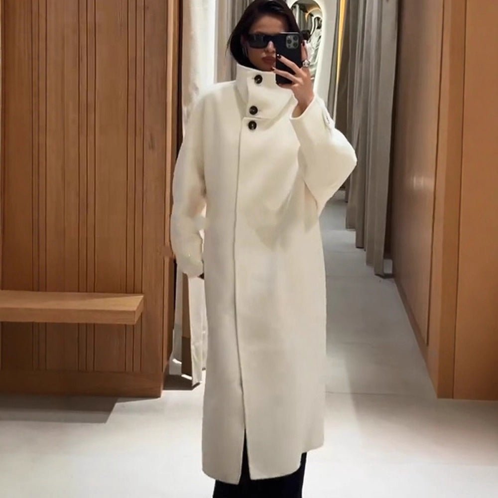 Women Oversize Wool Blend Coat with Asymmetrical Cut and High Stand-Up Collar Chichicherry - Chichicherry