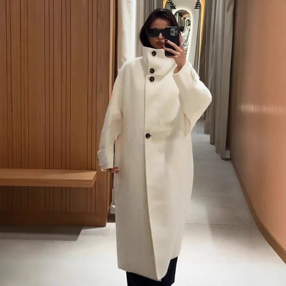 Women Oversize Wool Blend Coat with Asymmetrical Cut and High Stand-Up Collar Chichicherry - Chichicherry
