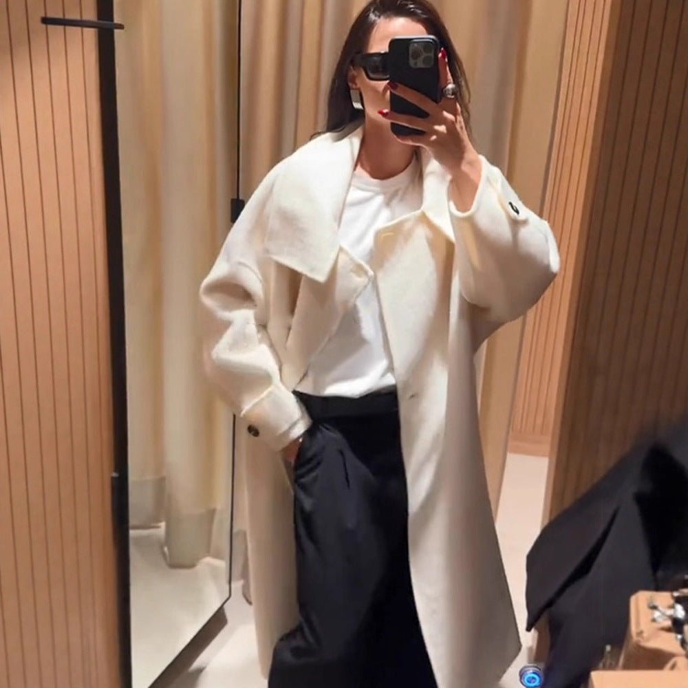 Women Oversize Wool Blend Coat with Asymmetrical Cut and High Stand-Up Collar Chichicherry - Chichicherry