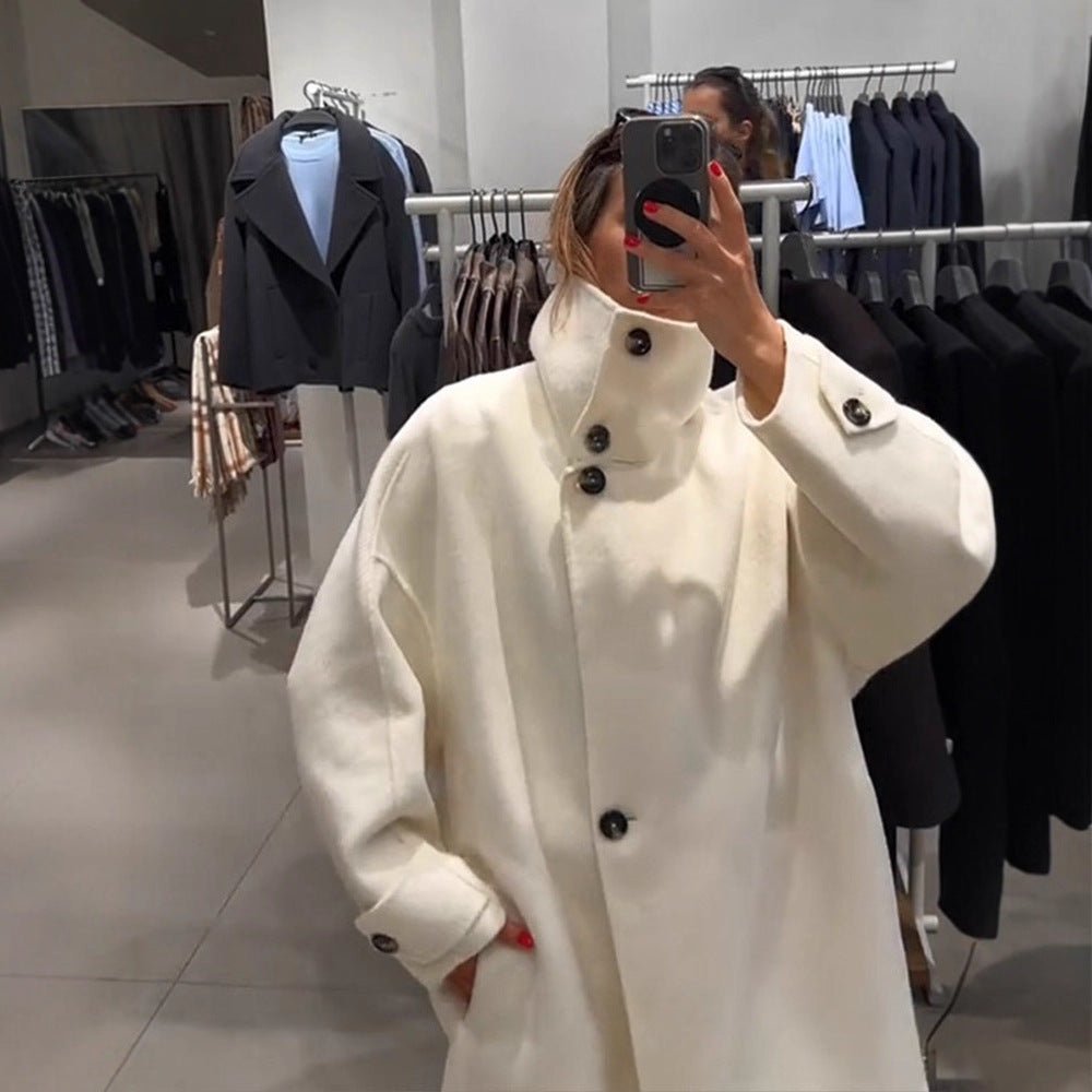 Women Oversize Wool Blend Coat with Asymmetrical Cut and High Stand-Up Collar Chichicherry - Chichicherry