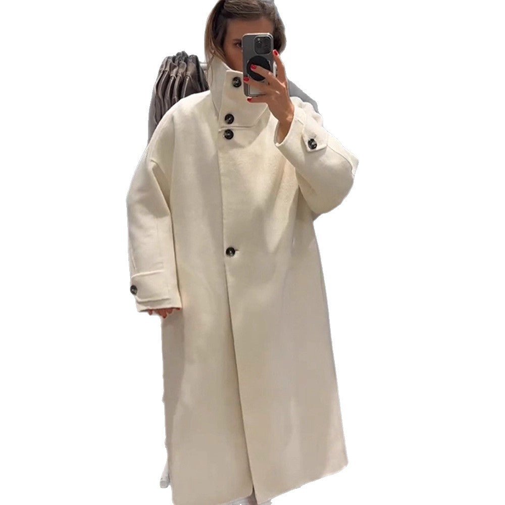 Women Oversize Wool Blend Coat with Asymmetrical Cut and High Stand-Up Collar Chichicherry - Chichicherry