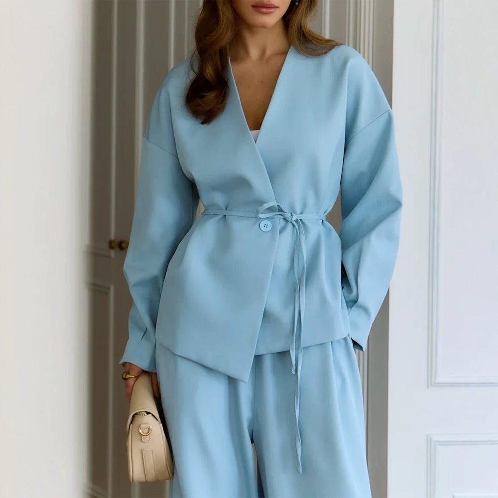 Women Oversized Blazer Suit with Single Button Blazer and Wide Pleated Trousers Chichicherry - Chichicherry