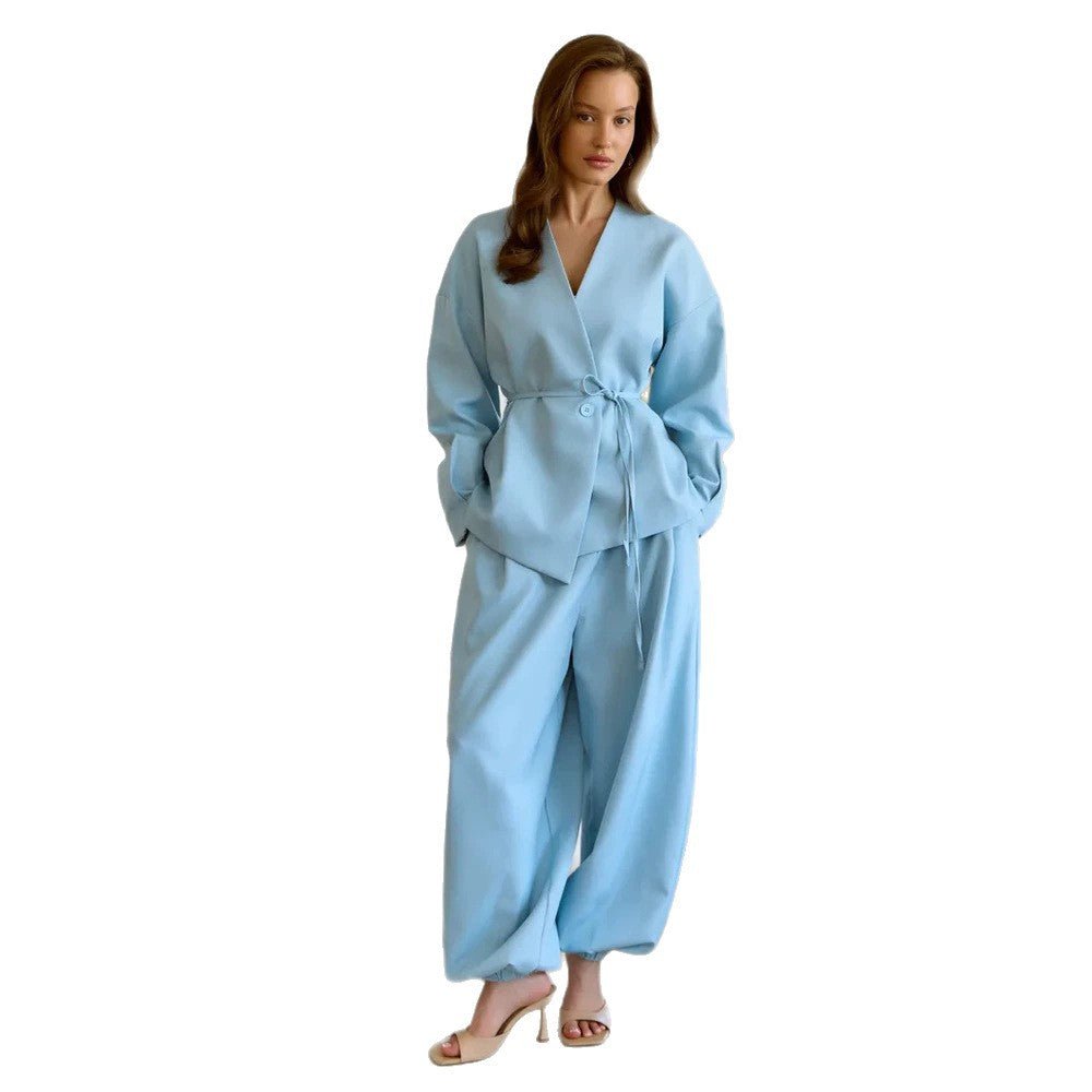 Women Oversized Blazer Suit with Single Button Blazer and Wide Pleated Trousers Chichicherry - Chichicherry