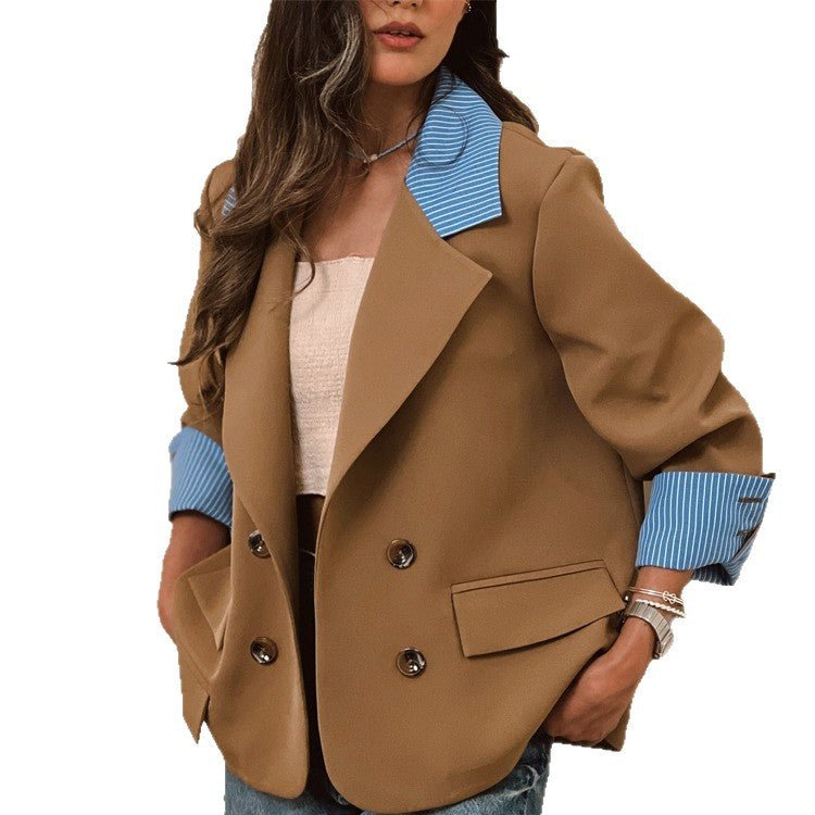 Women Oversized Double-Breasted Blazer with Contrast Collar & Cuffed Sleeves Chichicherry - Chichicherry