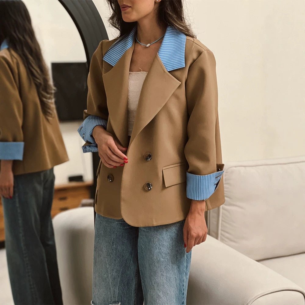 Women Oversized Double-Breasted Blazer with Contrast Collar & Cuffed Sleeves Chichicherry - Chichicherry