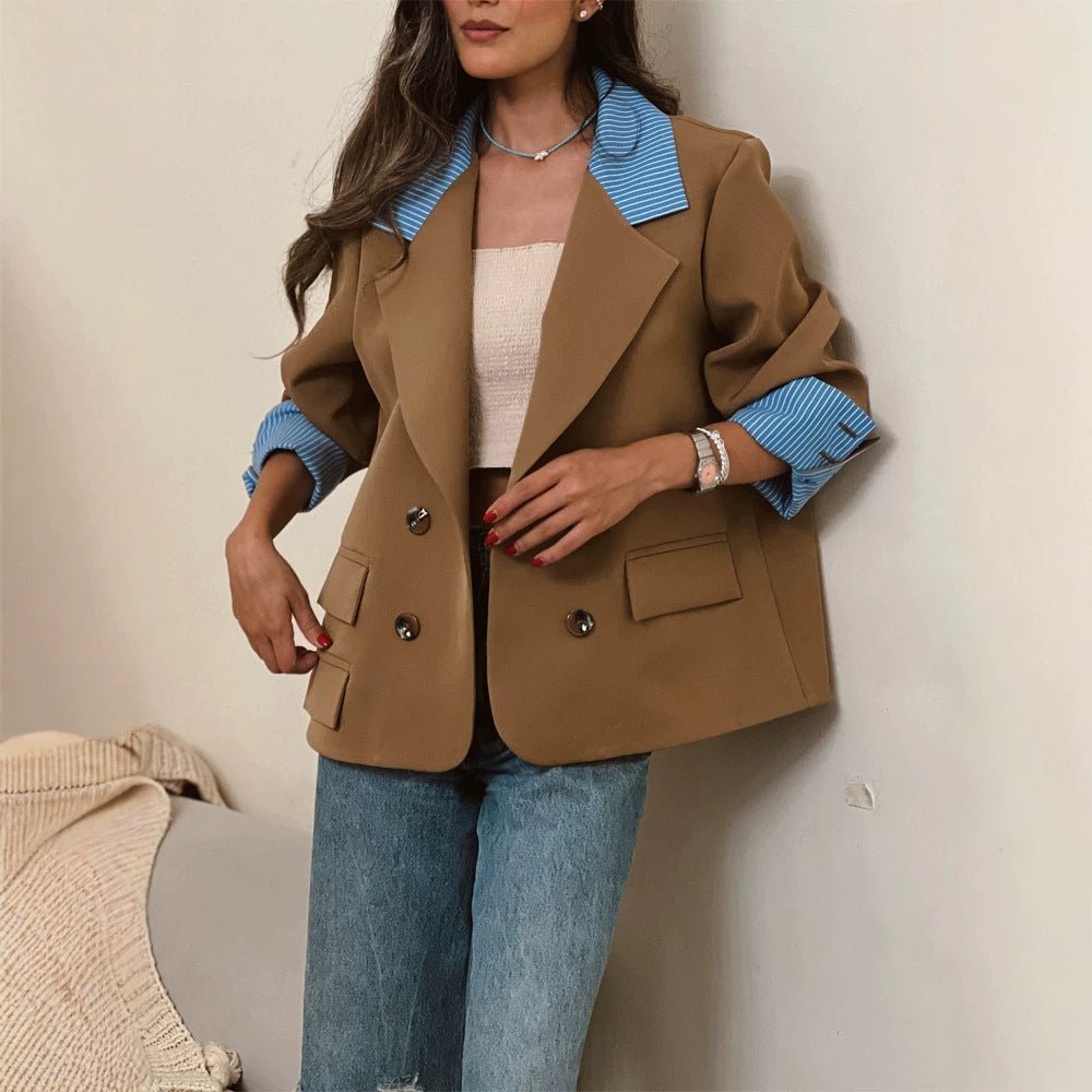 Women Oversized Double-Breasted Blazer with Contrast Collar & Cuffed Sleeves Chichicherry - Chichicherry