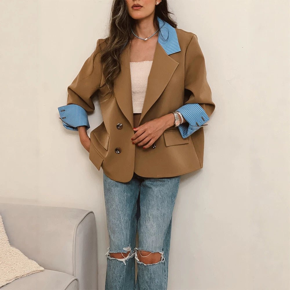 Women Oversized Double-Breasted Blazer with Contrast Collar & Cuffed Sleeves Chichicherry - Chichicherry