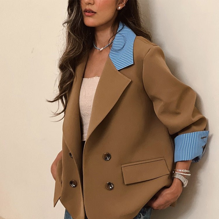 Women Oversized Double-Breasted Blazer with Contrast Collar & Cuffed Sleeves Chichicherry - Chichicherry