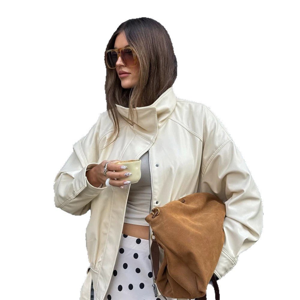 Women Oversized Faux Leather Jacket with High Stand-Up Collar and Drawstring Chichicherry - Chichicherry